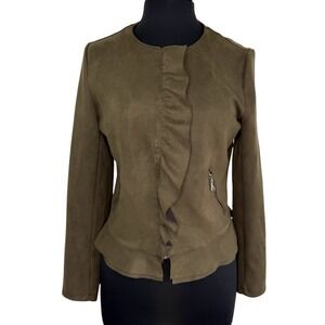 Westport Olive Faux Suede Ruffle Jacket‎ Medium Soft Femme Minimalist Chic